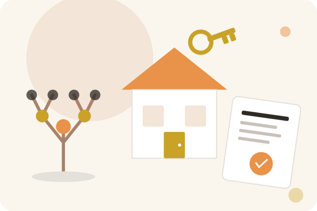 Flat illustration of a family tree, house, key, and legal will document representing estate and succession planning for Filipino families