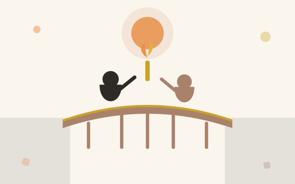Symbolic illustration of two faceless silhouettes passing a torch across a bridge, representing family business succession planning and passing leadership to the next generation