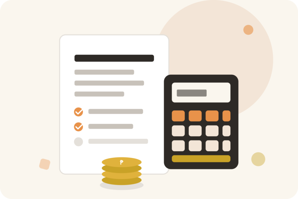 Flat illustration of a tax document checklist, calculator, and stacked coins representing financial and tax planning