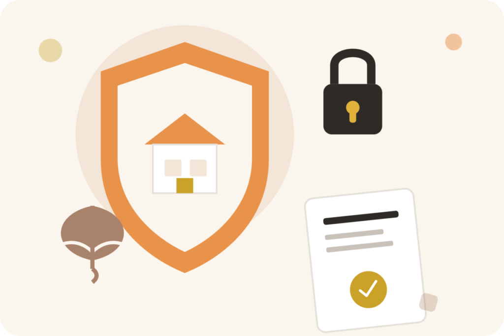 Flat illustration of a shield protecting a house, a lock, and a coverage document with a checkmark, representing risk management and asset protection